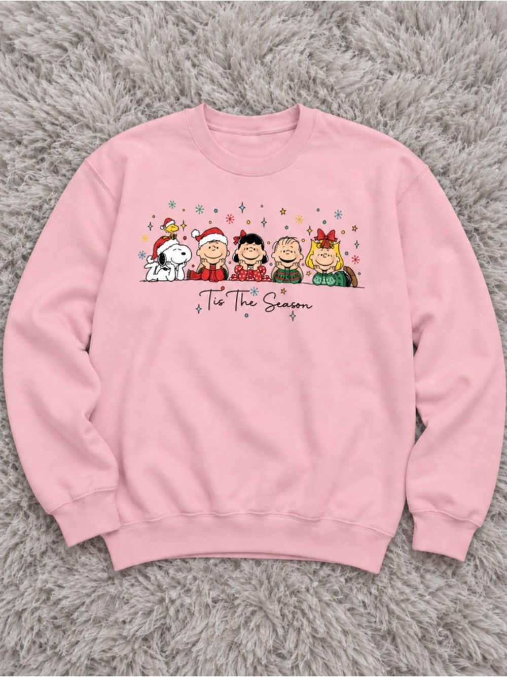 Tis The Season Cute Snoopy Christmas Light Pink Crewneck Sweatshirt